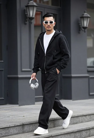 Stylish man walking down stone steps in front of dark building facade
