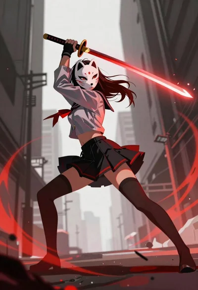 Samurai woman swinging glowing katana in urban alleyway