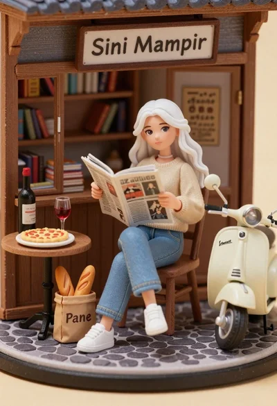 Miniature diorama of young woman reading newspaper in rustic storefront