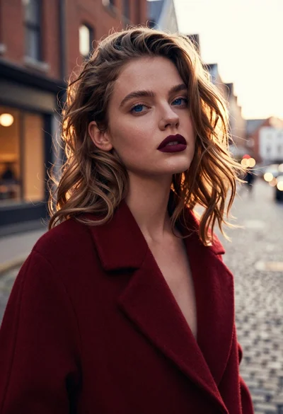 Close up portrait of young woman in maroon coat on urban street