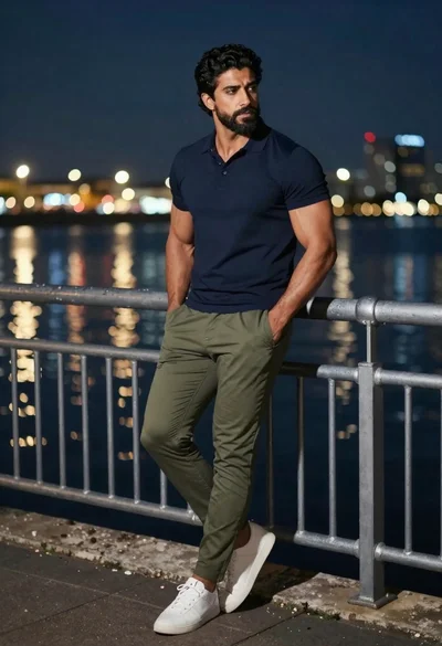 Muscular man leaning on railing overlooking vibrant city skyline at night