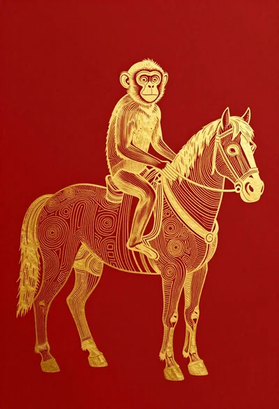 Golden foil line art monkey riding a horse