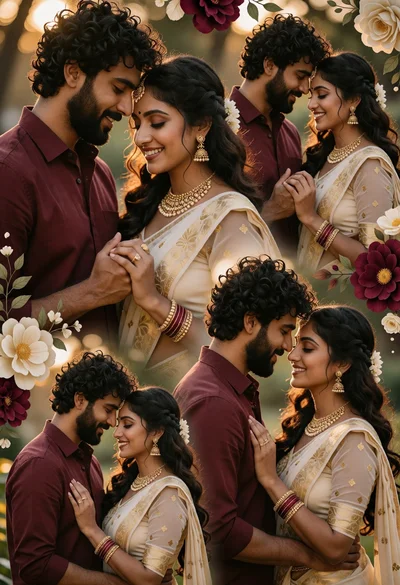 Romantic collage of couple in saree and maroon shirt in garden setting