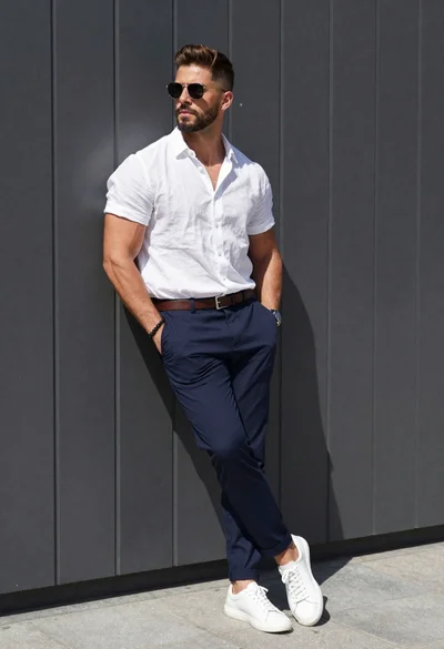 Stylish man against a dark paneled wall in daylight