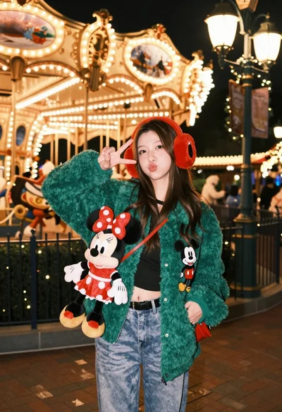 Young woman in green jacket holding plush toy at festive carousel