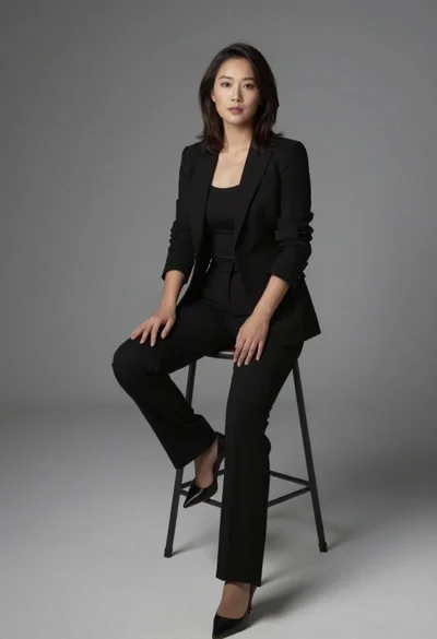 Woman in black professional attire seated on metal stool