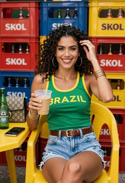 Smiling woman in green tank top sitting outdoors with branded crates background