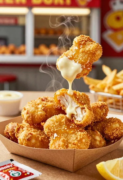 Close up of crispy chicken nuggets dipped in honey mustard sauce