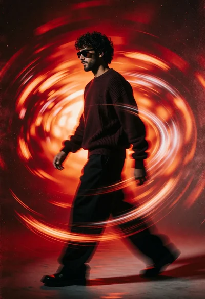 Man walking profile through swirling vortex of red and orange light