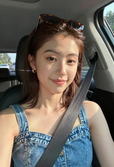 Young woman taking a selfie inside a car
