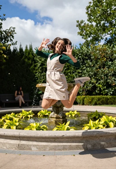 Joyful woman jumping outdoors in garden setting with stone fountain