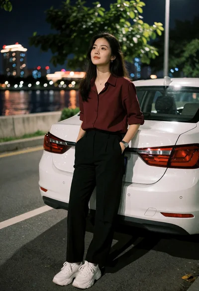 Young woman leaning against white sedan by water at night roadside