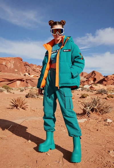 Model in puffer jacket standing in red rock desert