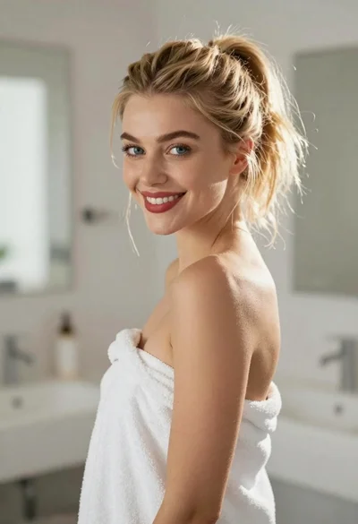Smiling woman in white towel indoors with blue eyes