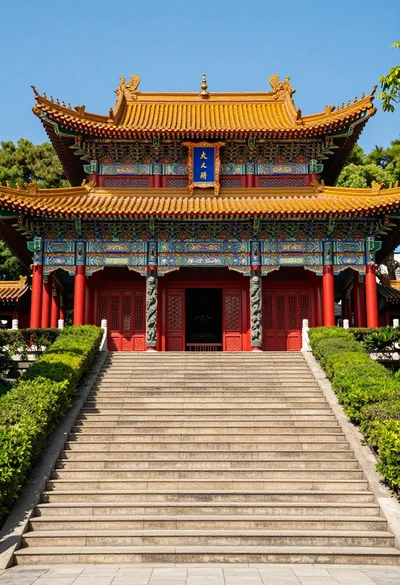 Majestic traditional chinese temple atop grand stone staircase under blue sky