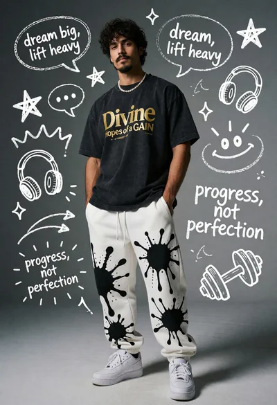 Young man standing against chalk doodles on a gray wall
