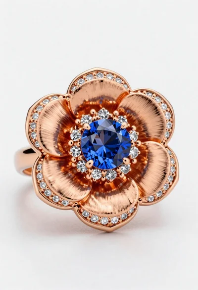Macro shot of a floral ring with blue sapphire