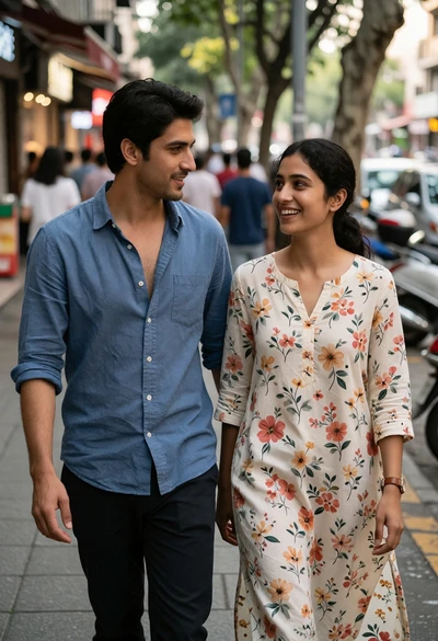 Couple walking together on a city sidewalk during natural daylight
