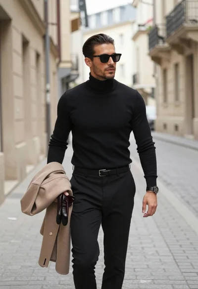 Man walking down european cobblestone street