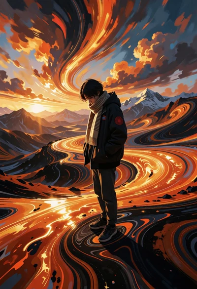 Solitary figure on undulating orange landscape under dramatic fiery sky