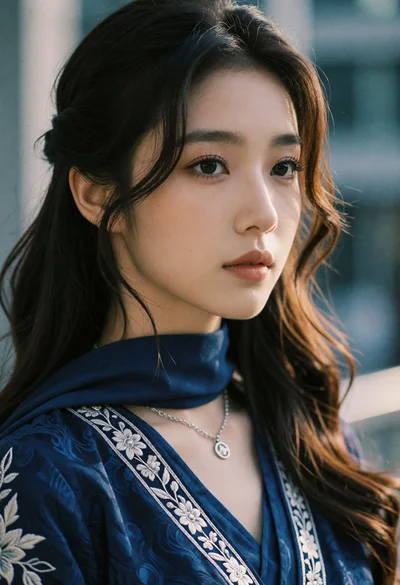 Close up portrait of young woman in blue traditional outfit against blurred