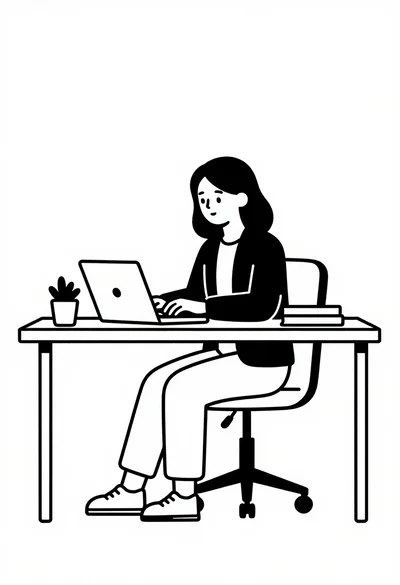 Woman typing on laptop at wooden desk in minimalist black and white