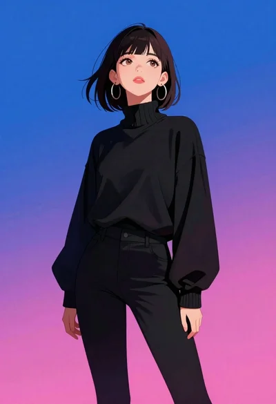 Anime portrait of woman against blue magenta gradient