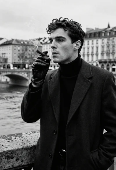 Young man in dark blazer holding cigar on stone railing at night