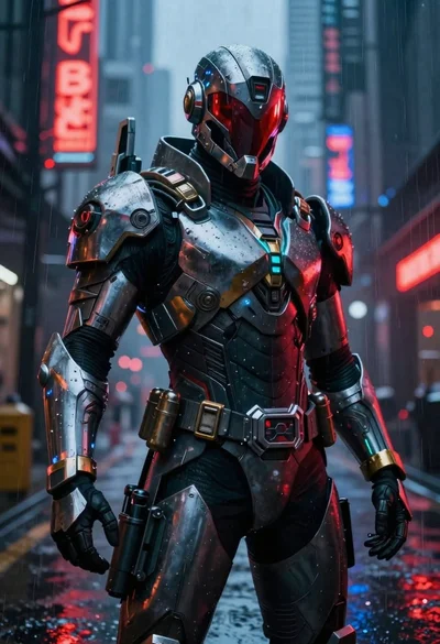 Cyberpunk warrior in rainy neon lit city alleyway