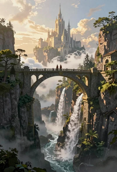 Stone bridge over misty gorge with floating castle