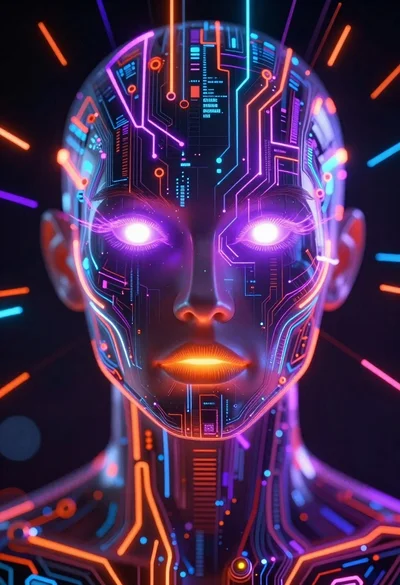 Neon circuitry portrait of a humanoid face