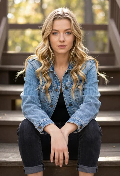 Young woman with blonde hair sitting on wooden stairs