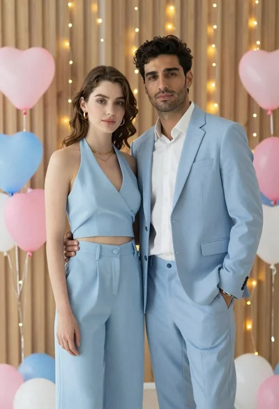 Stylish young couple standing together in front of festive heart balloons