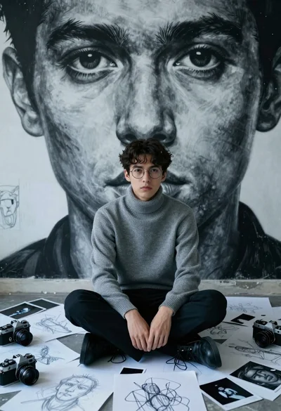 Young man in turtleneck surrounded by sketches and mural viewed from above