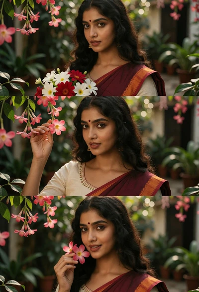 Intimate close up portrait of woman in garden setting with flowers