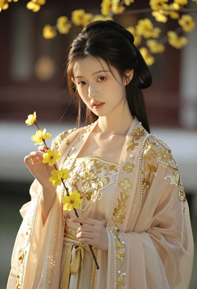 Portrait of young woman in embroidered chinese hanfu gown holding yellow flowers