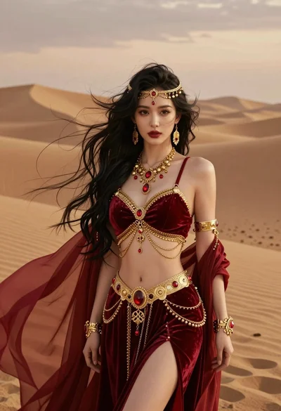 Woman in elaborate red velvet outfit standing in vast desert dunes at