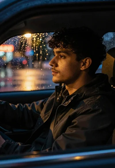 Young man in car looking out through rainy window at night