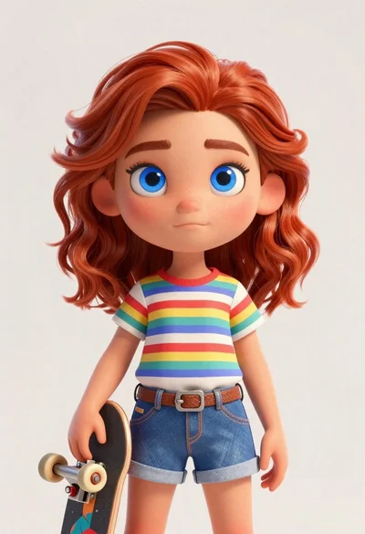 Young girl with red hair holding a skateboard in front of a