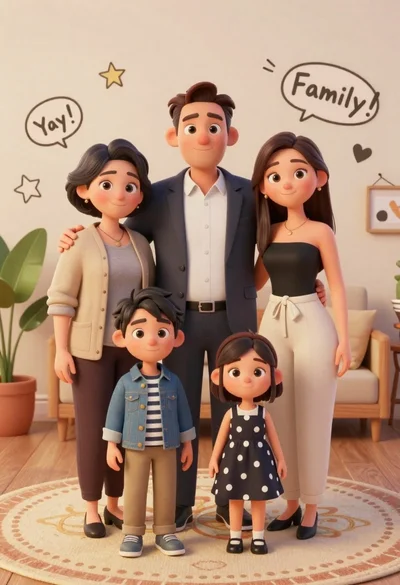 Warm stylized family portrait of five people standing on a patterned rug