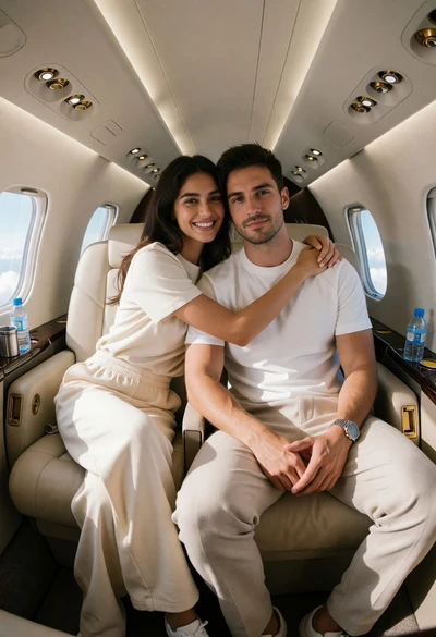 Couple embracing inside luxury private jet cabin with soft natural light