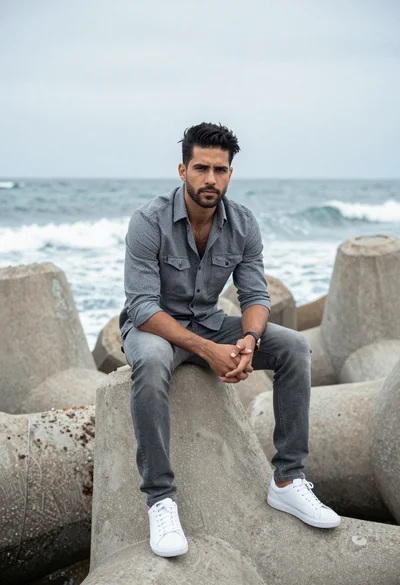 Man sitting on concrete sea blocks overlooking crashing waves at overcast shoreline