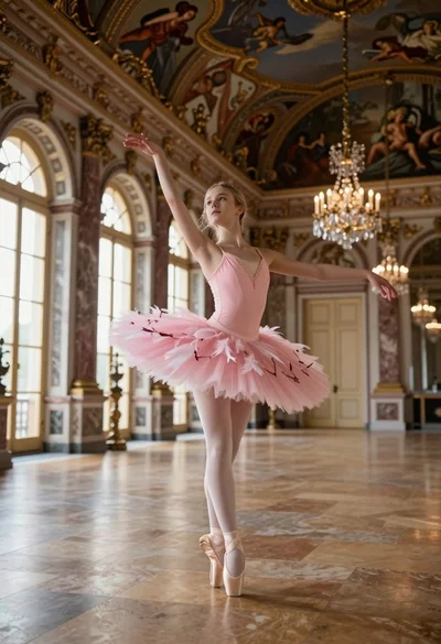 Ballerina in pink tutu performing arabesque pose in grand marble palace hall