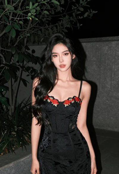 Young woman in black dress against concrete wall and green foliage