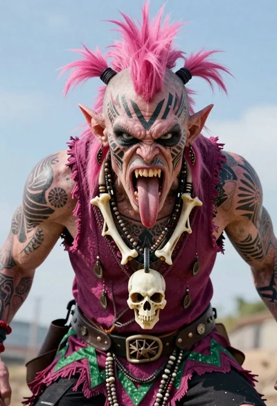 Feral punk orc creature with pink mohawk tattoos