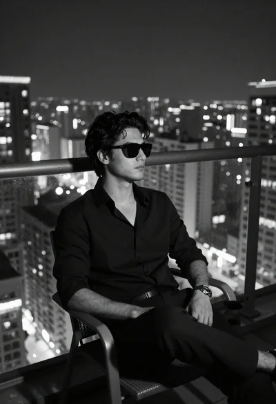 Young man sitting on balcony overlooking sprawling city skyline at night