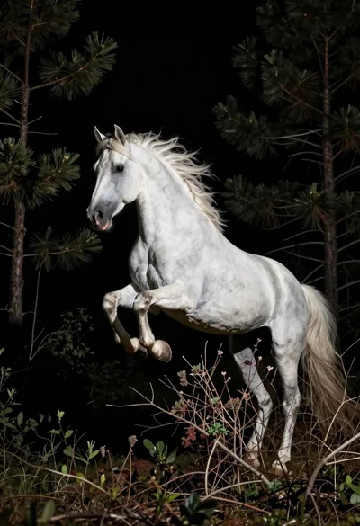 White horse leaping through a dark forest at night