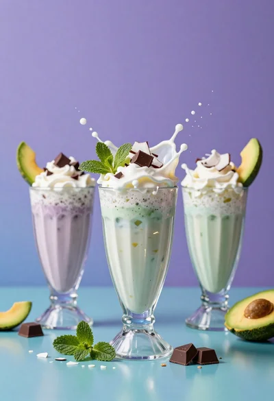 Three colorful milkshakes exploding with toppings on a teal surface