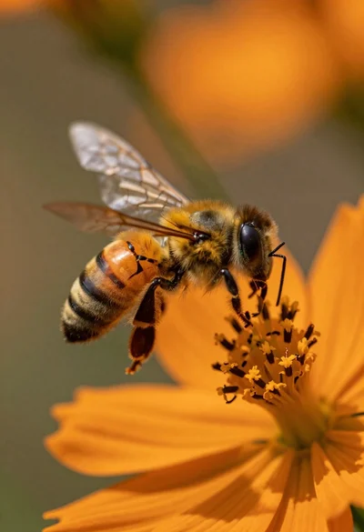 Macro close up of a bee near an orange flower