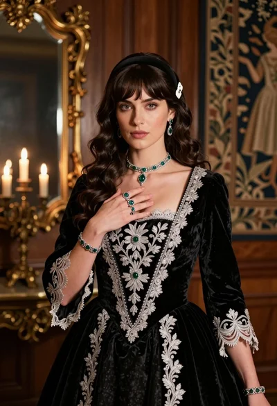 Fair skinned woman in black velvet gown inside luxurious room setting